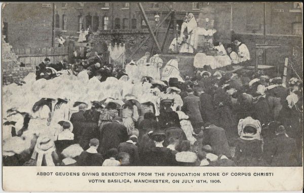Abbot Geudens Giving Benediction From The Foundation Stone of Corpus Christi Votive Basilica, Manchester